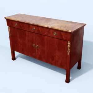 Credenza Impero con cariatidi dorate e piano in marmo
